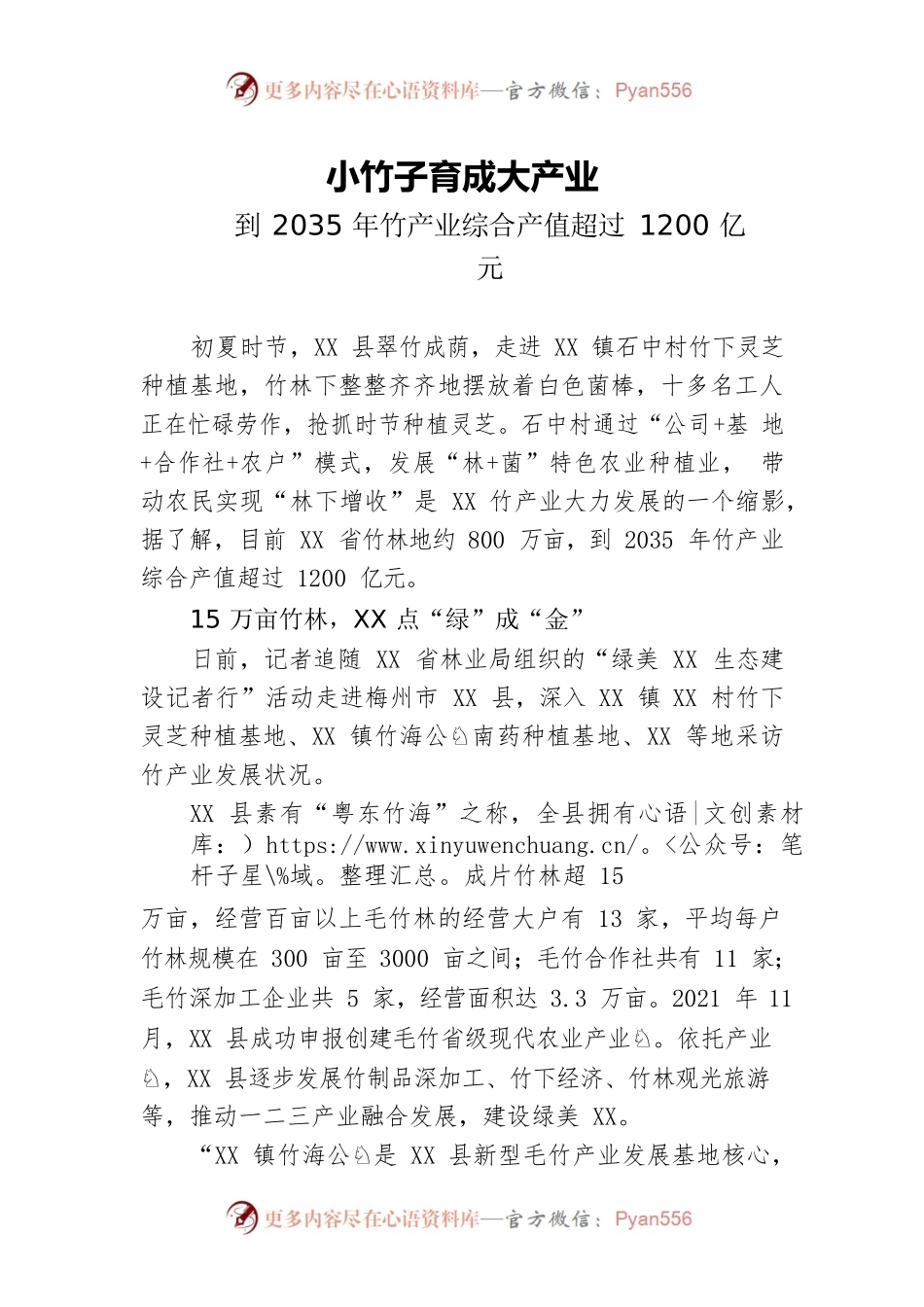 竹子育成大产业到2035年竹产业综合产值超过1200亿元.docx_第1页