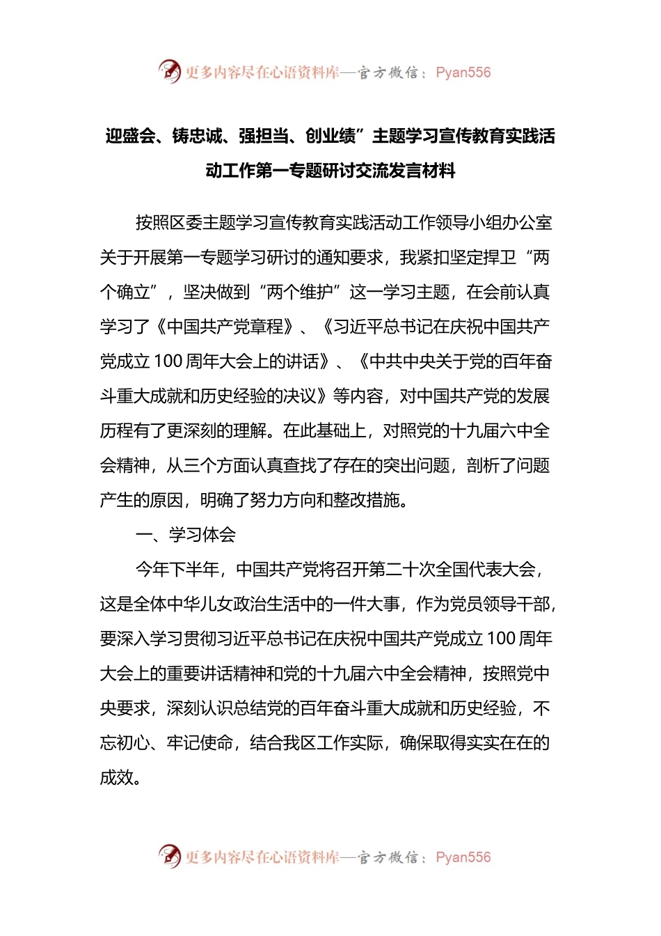 迎盛会、铸忠诚、强担当、创业绩”主题学习宣传教育实践活动工作第一专题研讨交流发言材料.docx_第1页