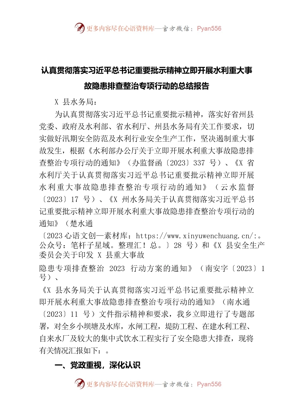 认真贯彻落实习近平总书记重要批示精神立即开展水利重大事故隐患排查整治专项行动的总结报告.docx_第1页
