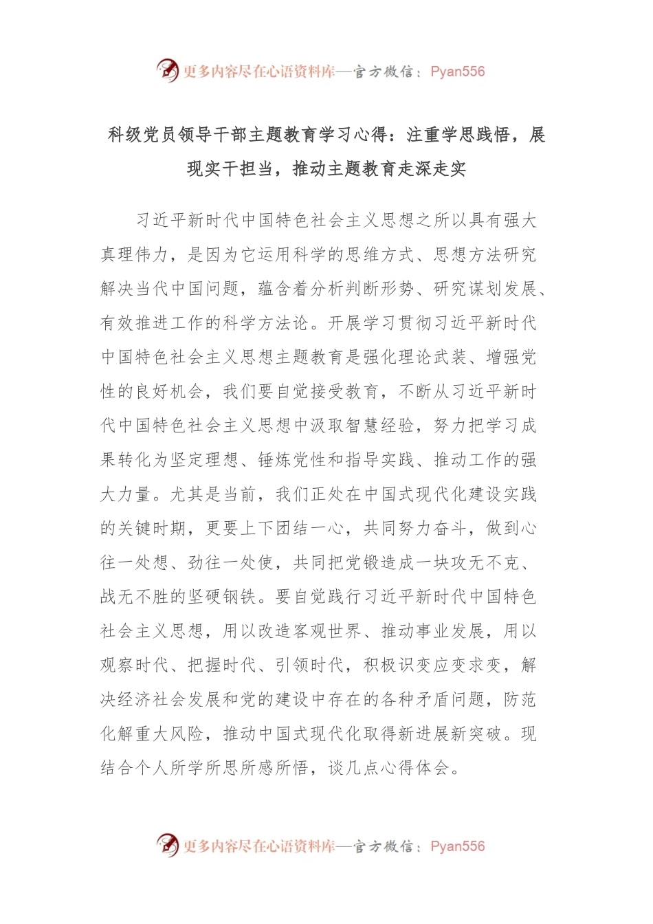 科级党员领导干部主题教育学习心得：注重学思践悟，展现实干担当，推动主题教育走深走实.docx_第1页