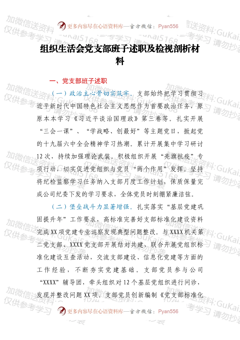 组织生活会党支部班子述职及检视剖析材料.docx_第1页