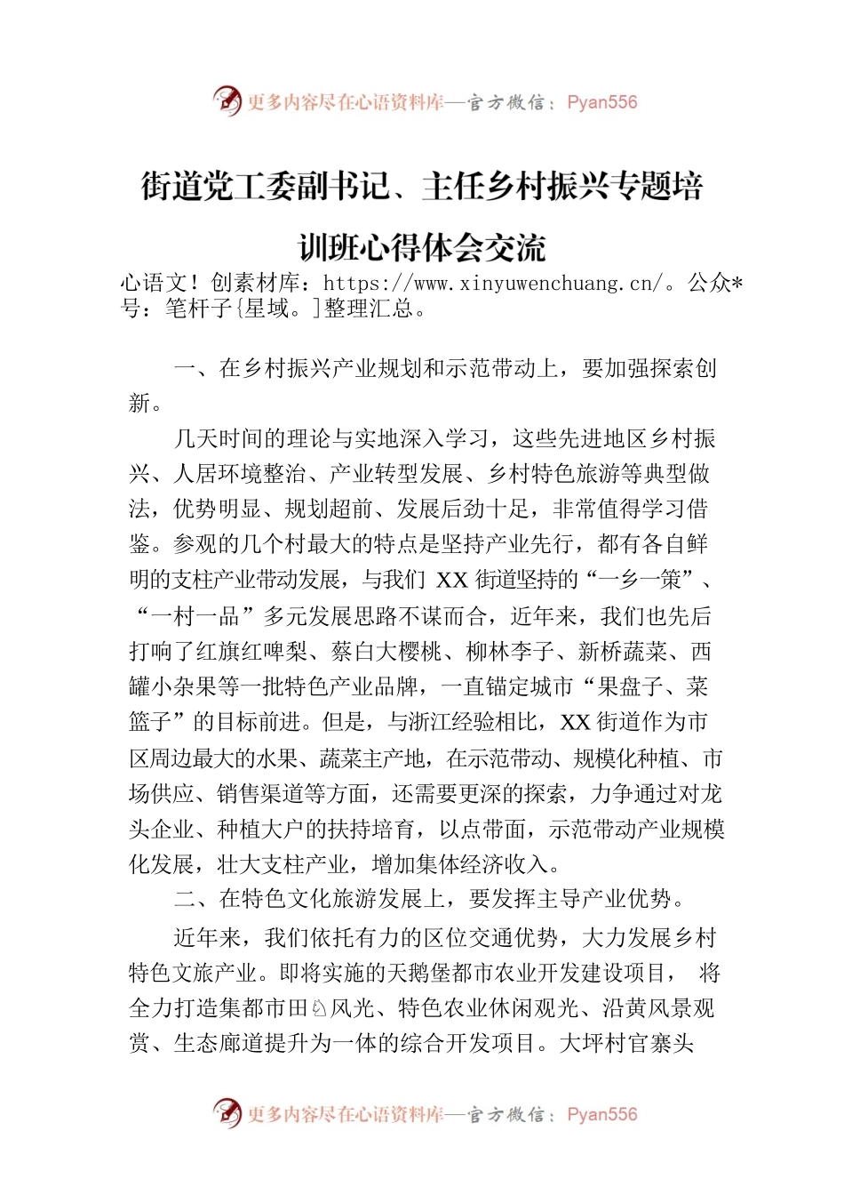 街道党工委副书记、主任乡村振兴专题培训班心得体会交流.docx_第1页