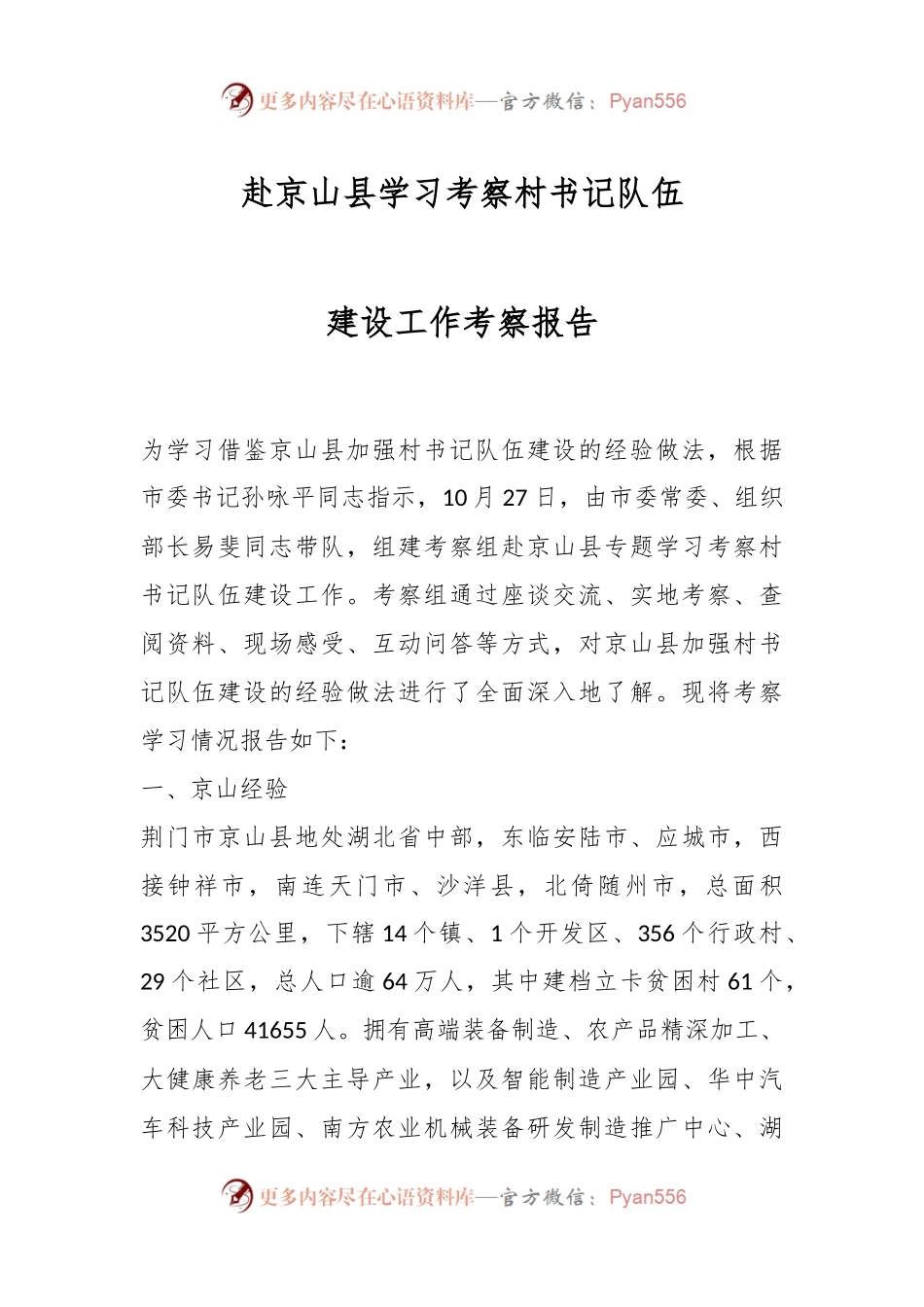 赴京山县学习考察村书记队伍建设工作考察报告.docx_第1页