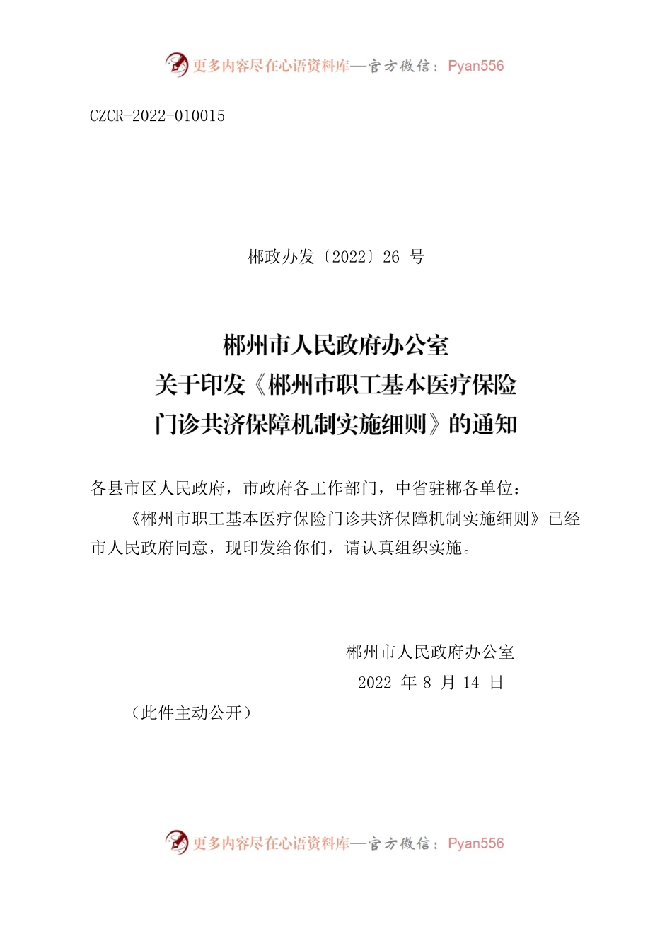 郴州市人民政府办公室关于印发《郴州市职工基本医疗保险 门诊共济保障机制实施细则》的通知.docx_第1页