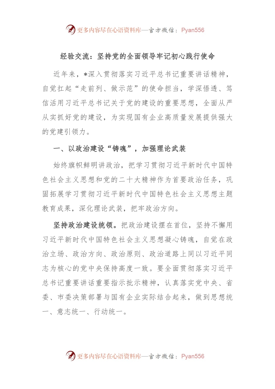 经验交流：坚持党的全面领导 牢记初心践行使命.docx_第1页