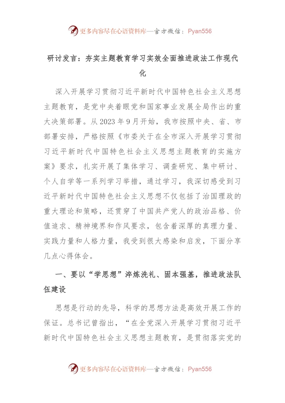 研讨发言：夯实主题教育学习实效全面推进政法工作现代化.docx_第1页