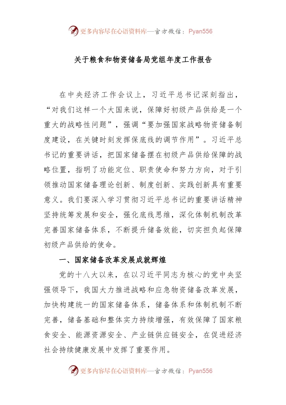 粮食和物资储备局党组年度工作报告.docx_第1页