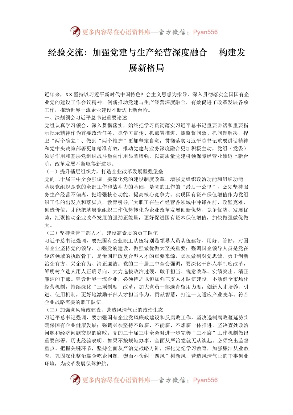 经验交流：加强党建与生产经营深度融合    构建发展新格局.docx_第1页
