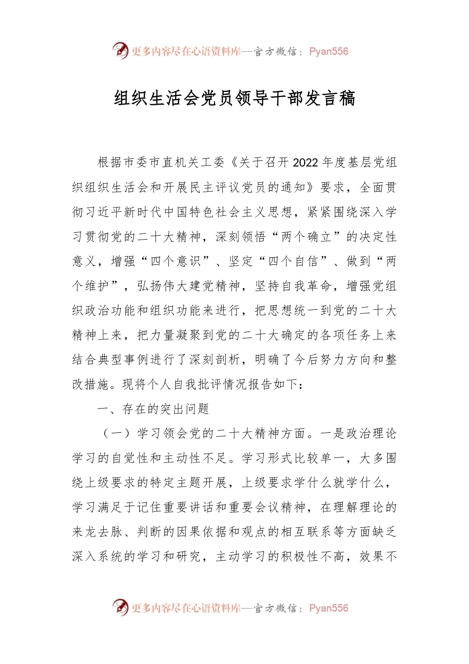 组织生活会党员领导干部发言稿稿.docx_第1页