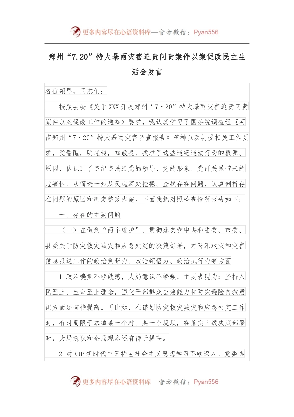 郑州“7.20”特大暴雨灾害追责问责案件以案促改民主生活会发言[2].docx_第1页