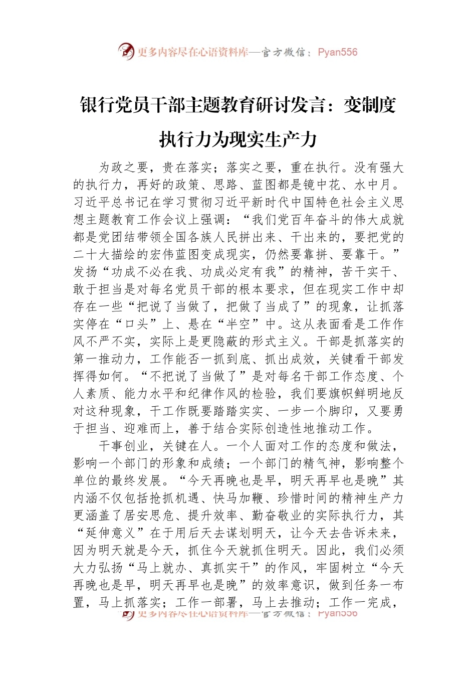银行党员干部主题教育研讨发言：变制度执行力为现实生产力.docx_第1页
