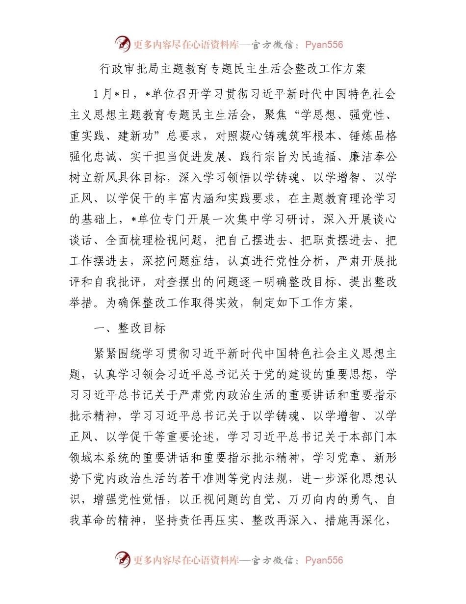 行政审批局主题教育专题民主生活会整改工作方案.docx_第1页