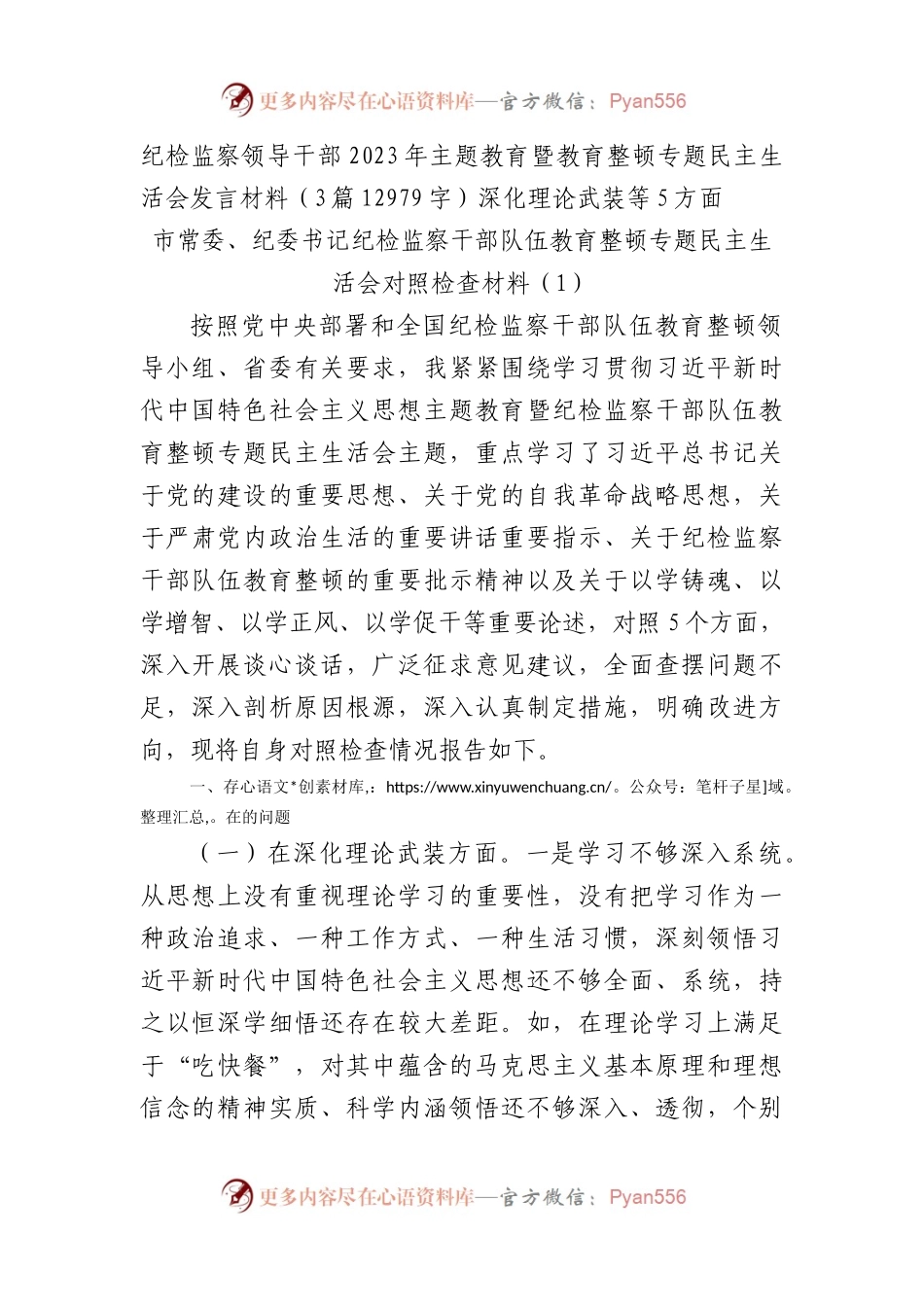 纪检监察领导干部2023年主题教育暨教育整顿专题民主生活会发言材料（3篇深化理论武装等5方面(1).docx_第1页