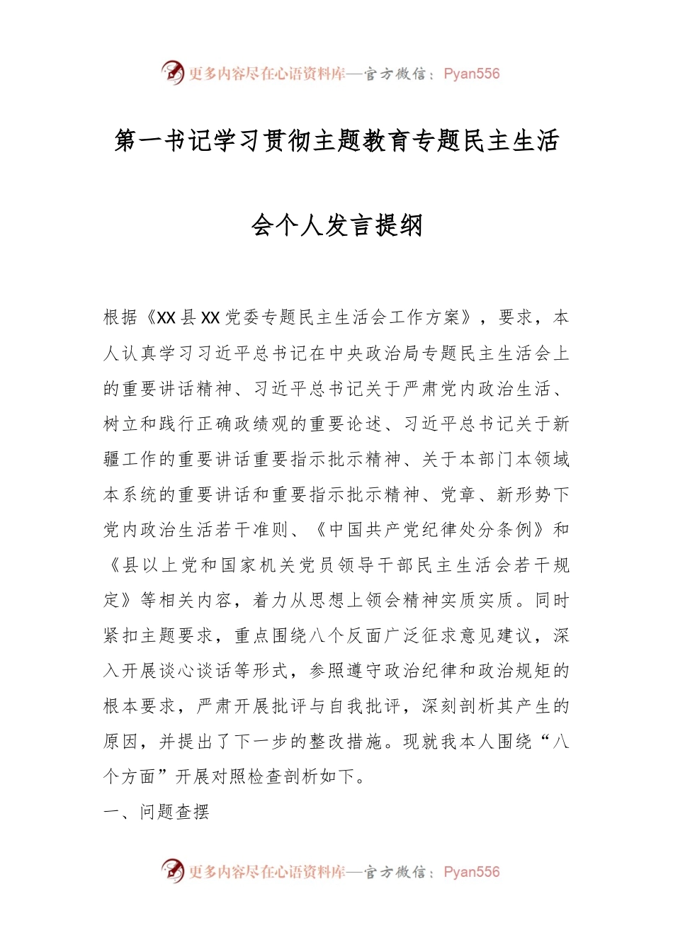 第一书记学习贯彻主题教育专题民主生活会个人发言稿提纲.docx_第1页
