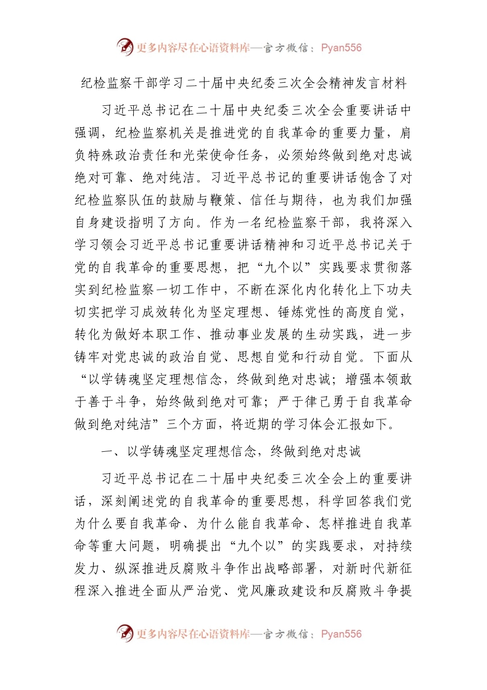 纪检监察干部学习纪委三次全会精神发言材料.docx_第1页