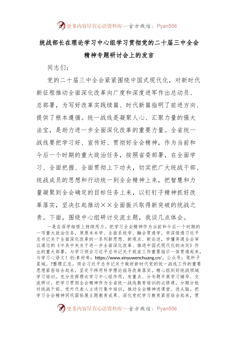 统战部长在理论学习中心组学习贯彻党的二十届三中全会精神专题研讨会上的发言.docx_第1页