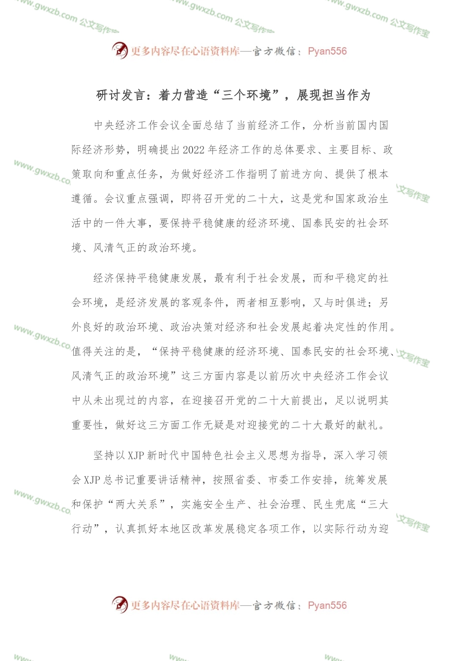 研讨发言：着力营造“三个环境”，展现担当作为.docx_第1页