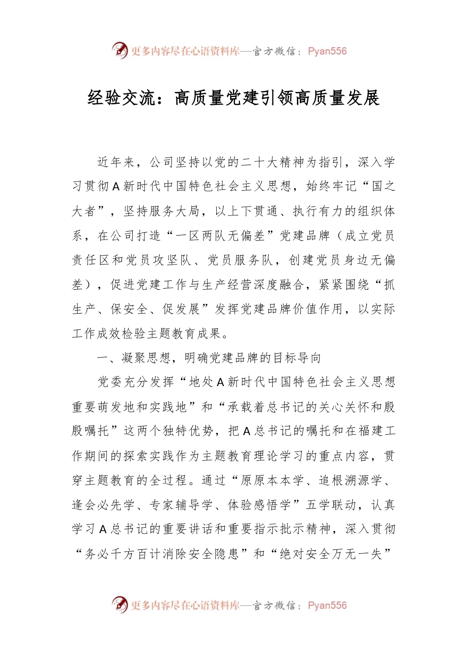 经验交流：高质量党建引领高质量发展.docx_第1页