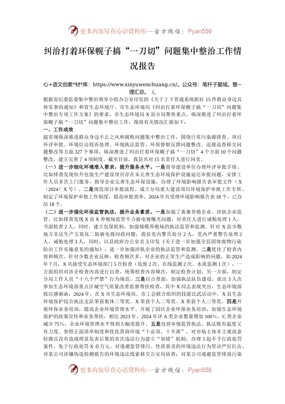 纠治打着环保幌子搞“一刀切”问题集中整治工作情况报告.docx_第1页
