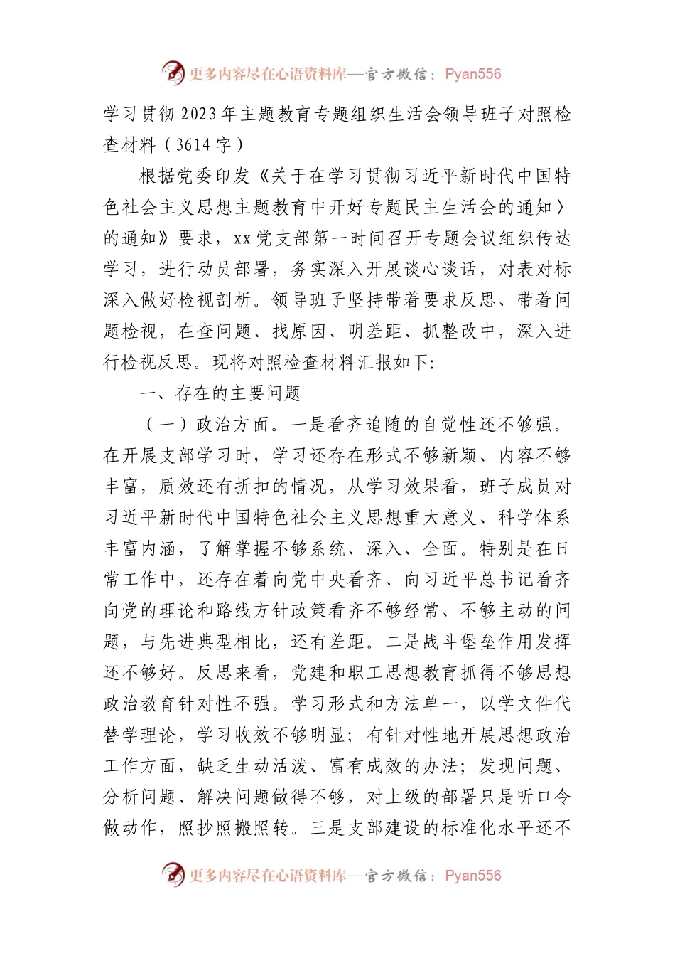（支部班子）主题教育专题组织生活会领导班子对照检查材料.docx_第1页