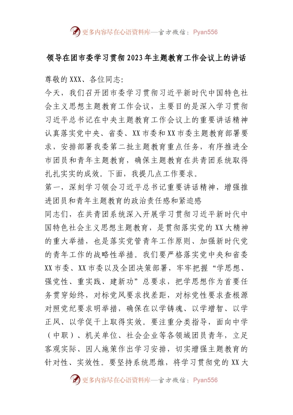 领导在团市委学习贯彻2023年主题教育工作会议上的讲话.docx_第1页