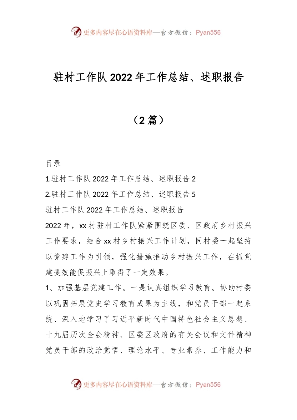 （2篇）驻村工作队2022年工作总结、述职报告.docx_第1页