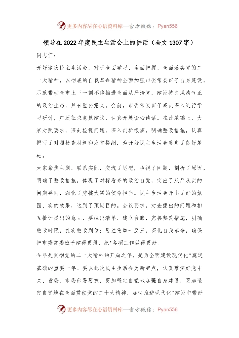 领导在2022年度民主生活会上的讲话（全文1307字）.docx_第1页