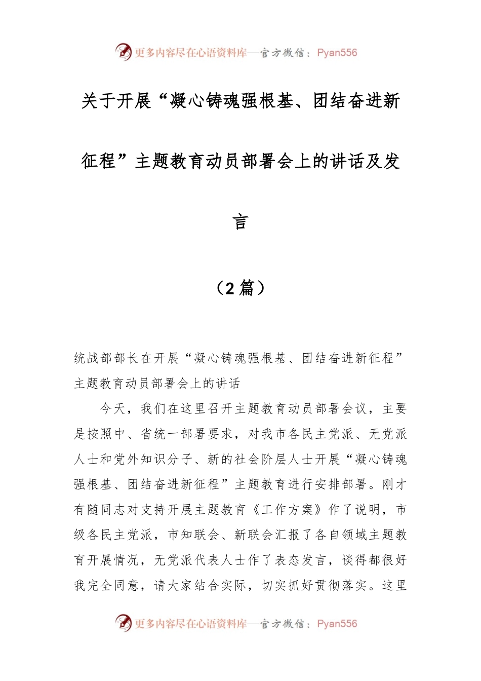 （2篇）关于开展“凝心铸魂强根基、团结奋进新征程”主题教育动员部署会上的讲话及发言.docx_第1页