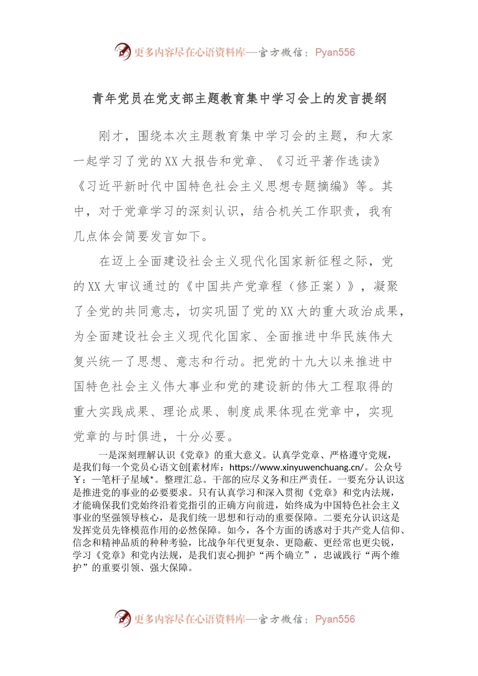青年党员在党支部主题教育集中学习会上的发言提纲.docx_第1页