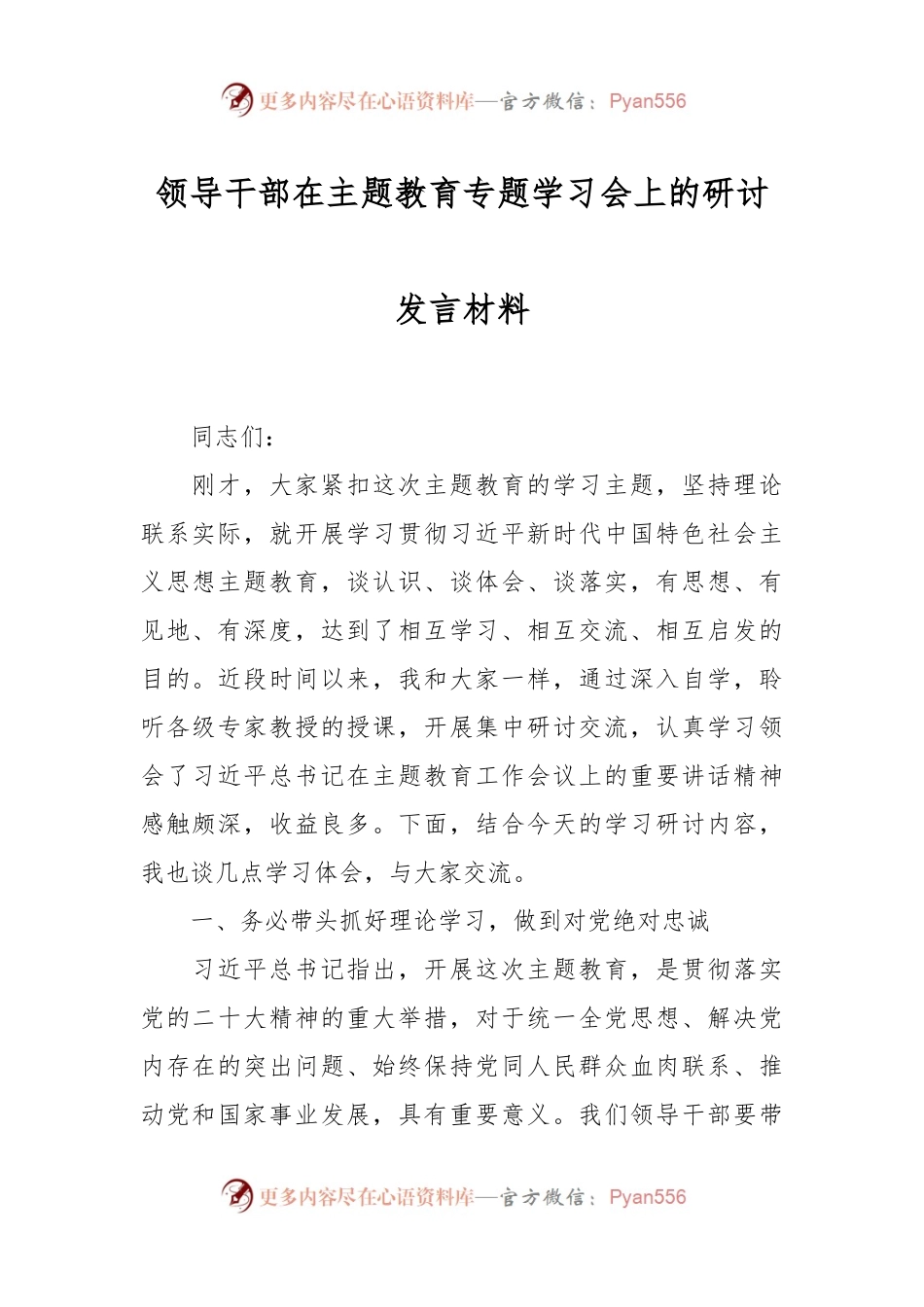 领导干部在主题教育专题学习会上的研讨发言材料.docx_第1页