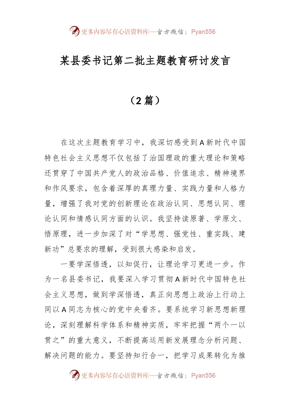 （2篇）某县委书记第二批主题教育研讨发言.docx_第1页