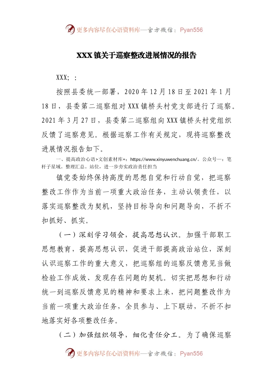 镇关于巡察整改进展情况的报告.docx_第1页