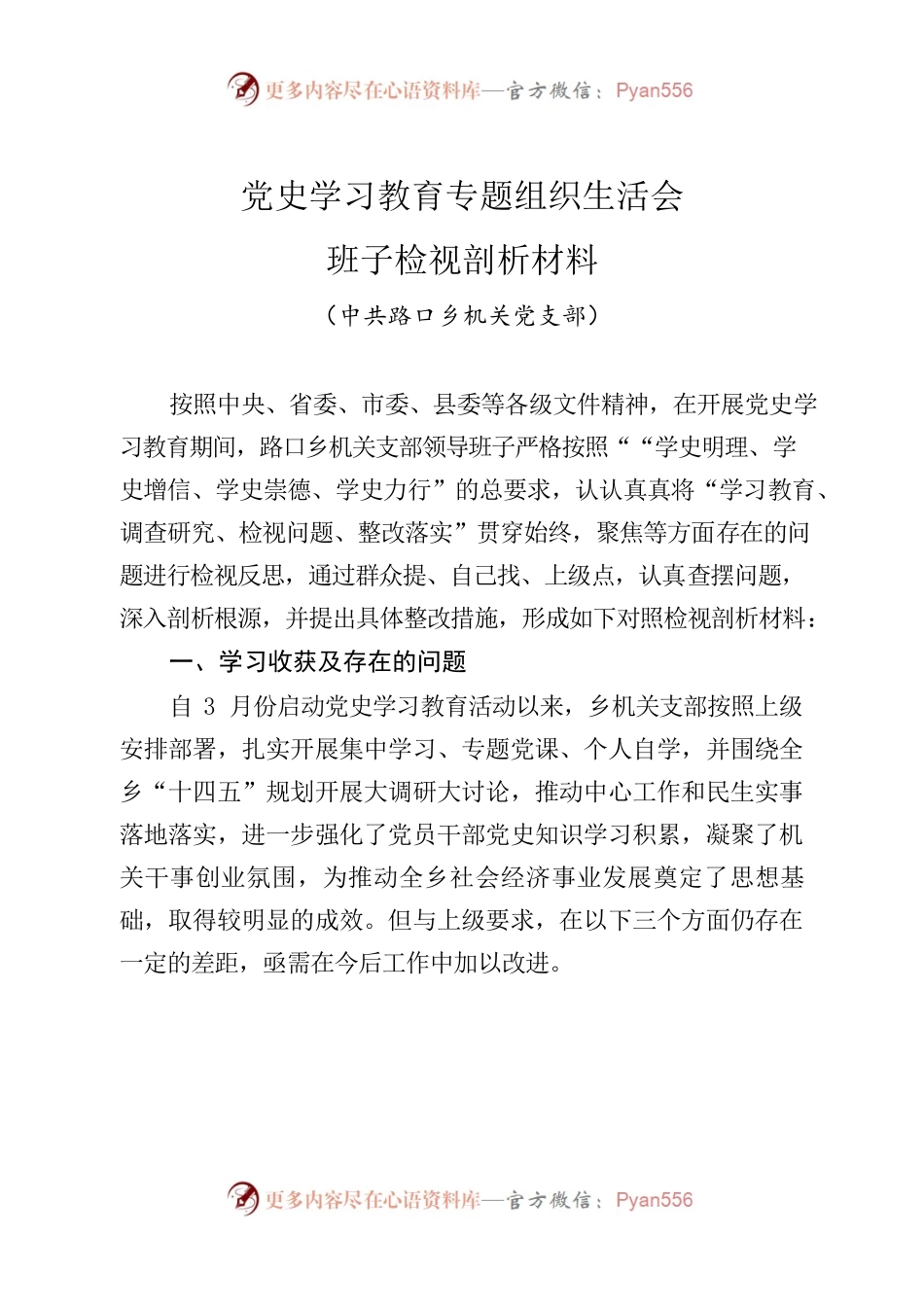 （路口乡机关支部）党史学习教育专题组织生活会班子检视剖析材料7.20.docx_第1页