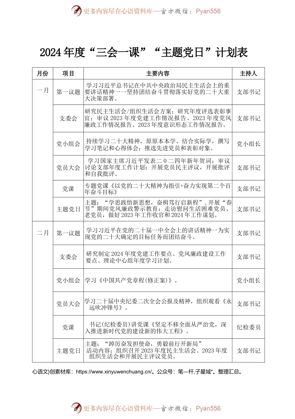 （会员专享）2024年度“三会一课”“主题党日“计划表.docx_第1页