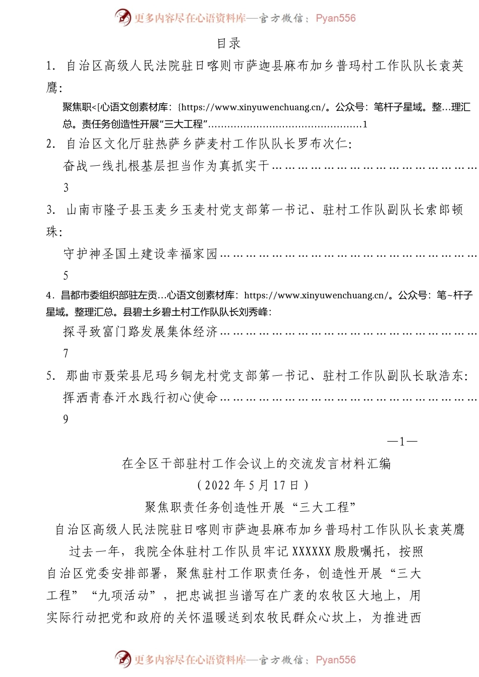 （5篇）在全区干部驻村工作会议上的交流发言材料汇编.docx_第1页