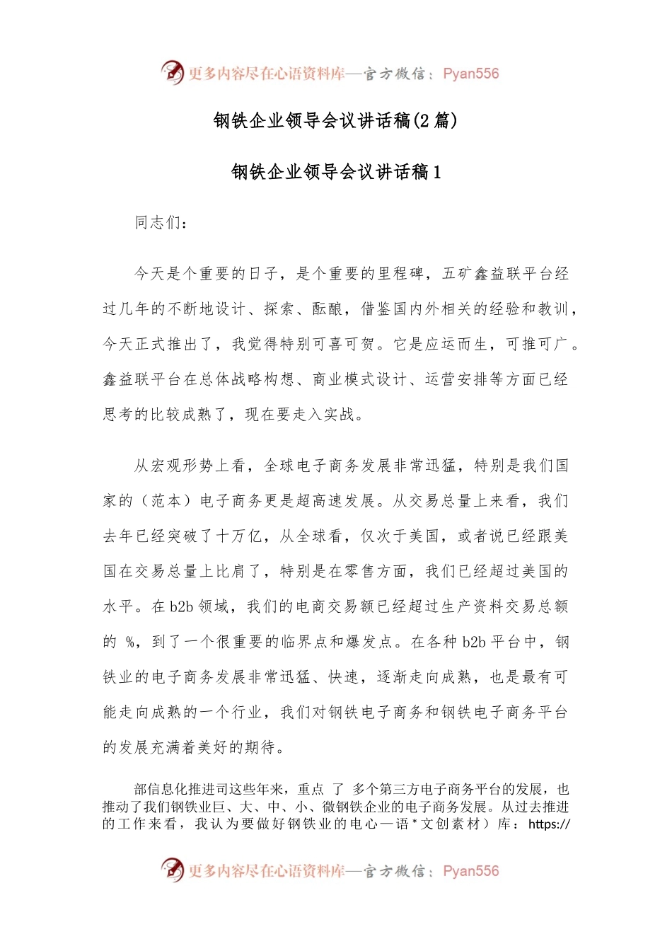 （2篇）钢铁企业领导会议讲话稿.docx_第1页