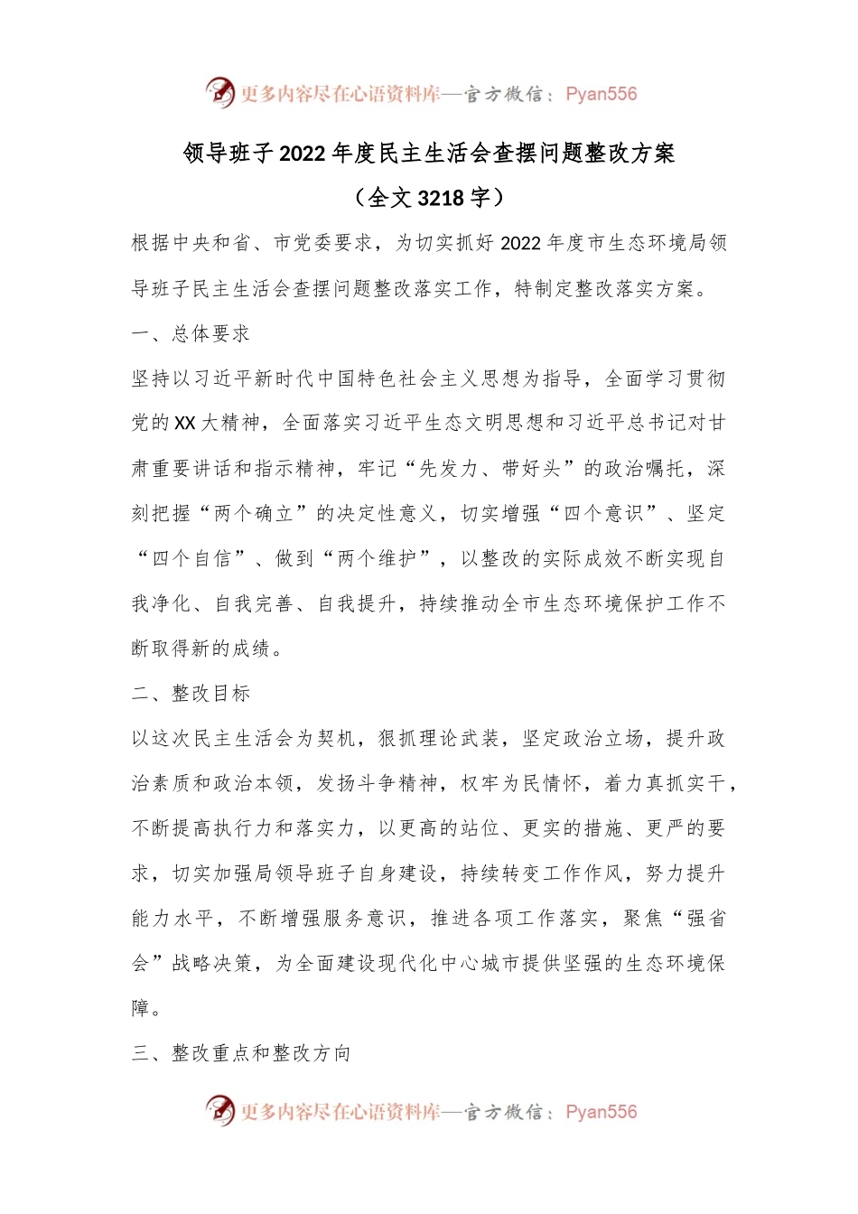 领导班子2022年度民主生活会查摆问题整改方案（全文3218字）.docx_第1页