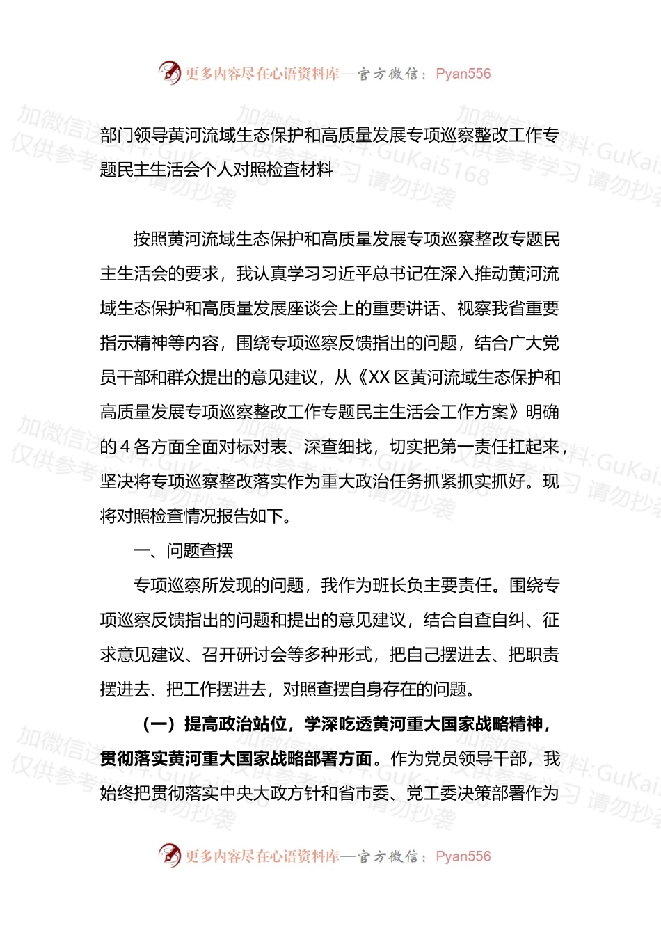 领导干部黄河流域生态保护和高质量发展专项巡察整改工作专题民主生活会个人对照检查材料.docx_第1页