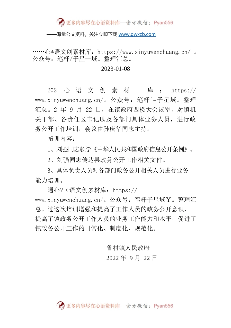 鲁村镇政务公开培训工作简报.docx_第1页