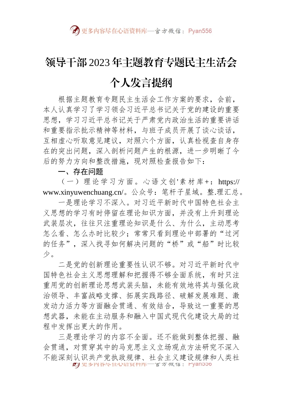 领导干部2023年主题教育专题民主生活会个人发言提纲.docx_第1页