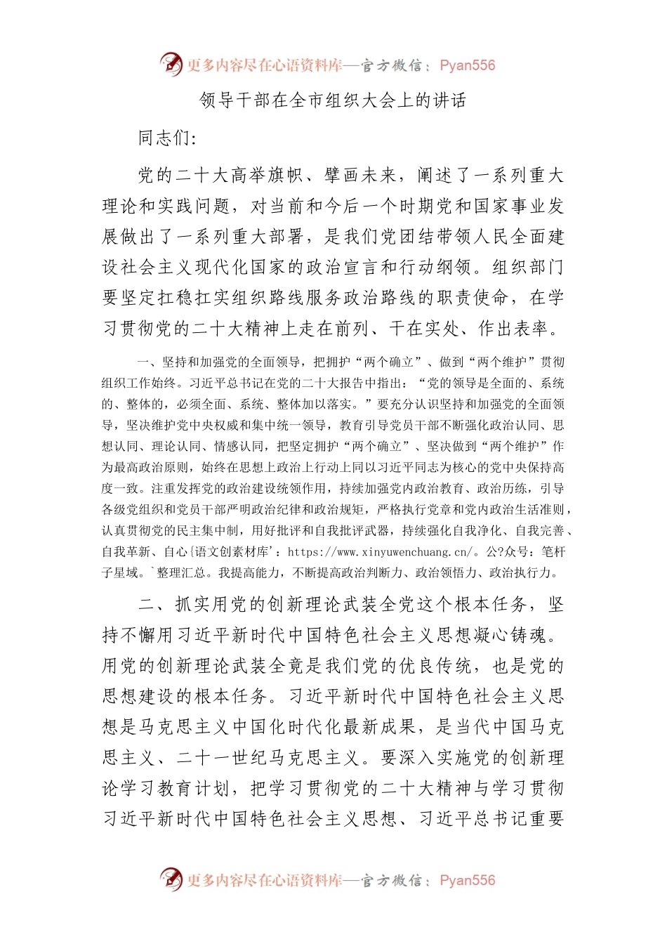 领导干部在全市组织大会上的讲话提纲.docx_第1页