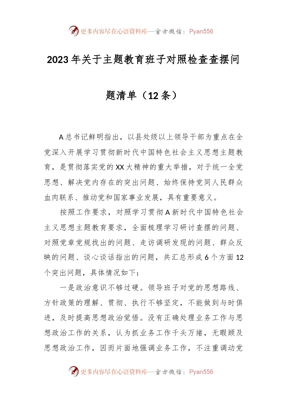（12条）2023年关于主题教育班子对照检查查摆问题清单.docx_第1页