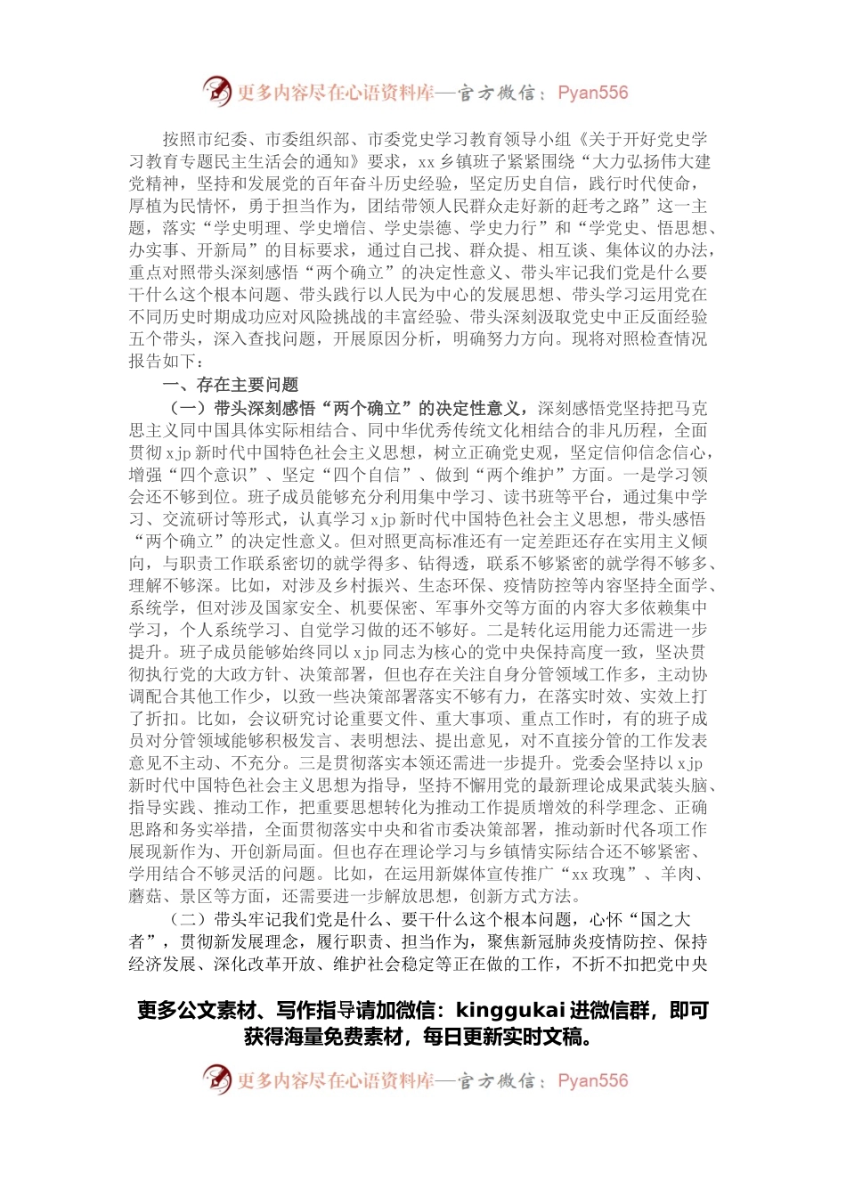 镇领导班子党史学习教育专题民主生活会五个带头对照检查材料.docx_第1页