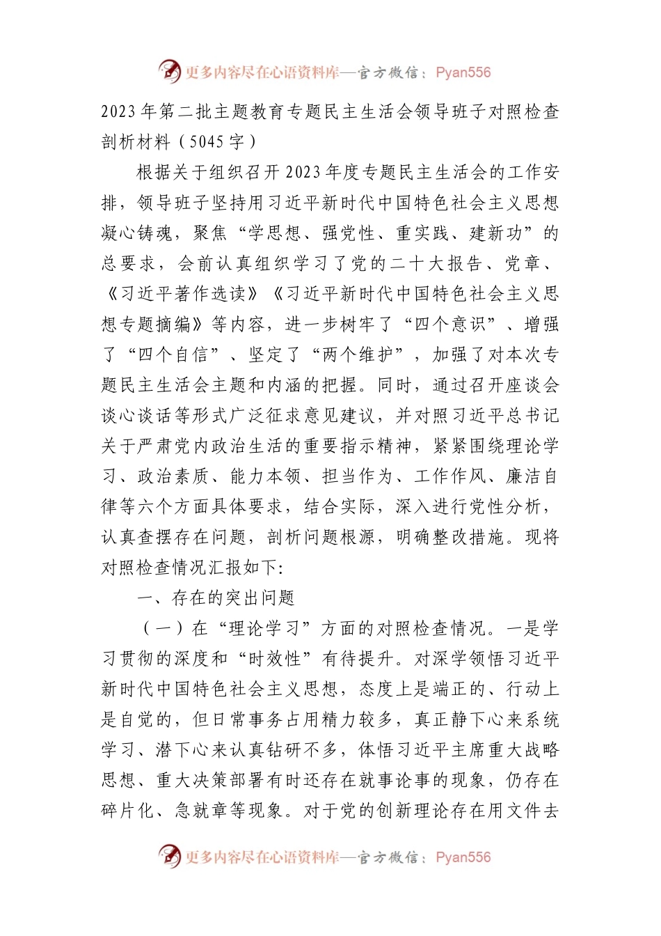 （班子）2023年第二批主题教育专题民主生活会领导班子对照检查剖析材料.docx_第1页