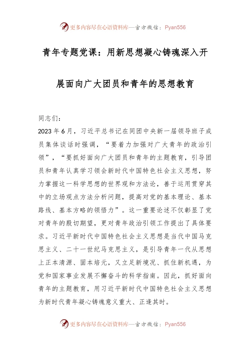 青年专题党课：用新思想凝心铸魂 深入开展面向广大团员和青年的思想教育.docx_第1页
