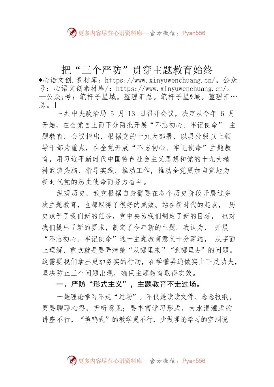 领导讲话：把“三个严防”贯穿主题教育始终.docx_第1页
