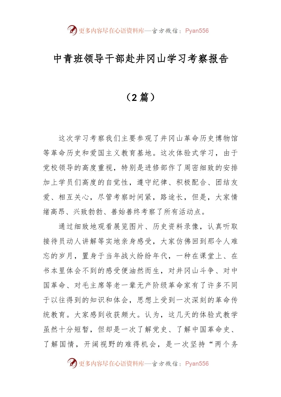 （2篇）中青班领导干部赴井冈山学习考察报告.docx_第1页
