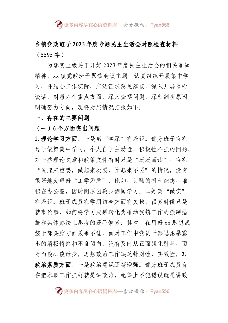 （班子）乡镇党政班子2023年度主题教育专题民主生活会对照检查材料.docx_第1页