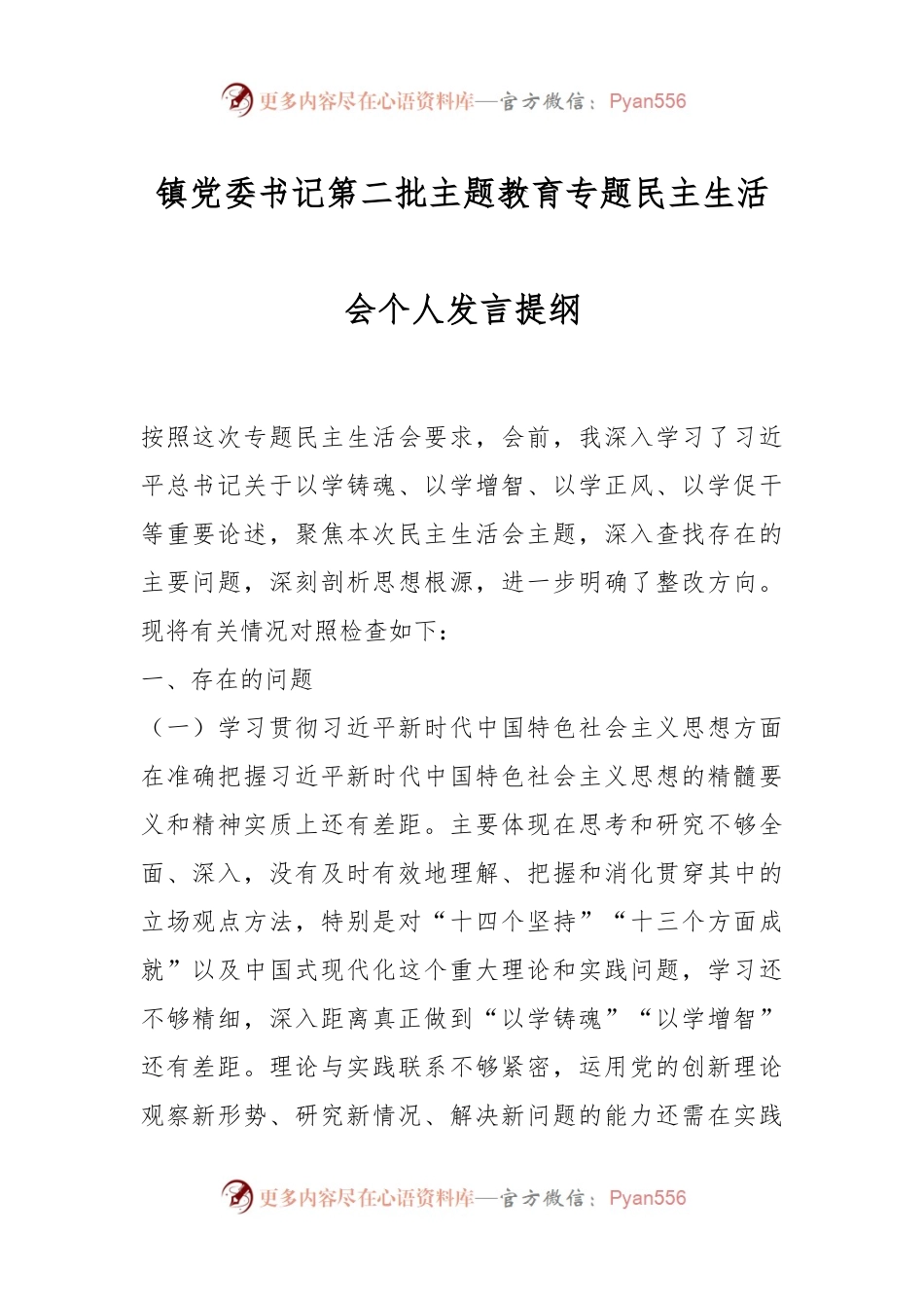 镇党委书记第二批主题教育专题民主生活会个人发言稿提纲.docx_第1页