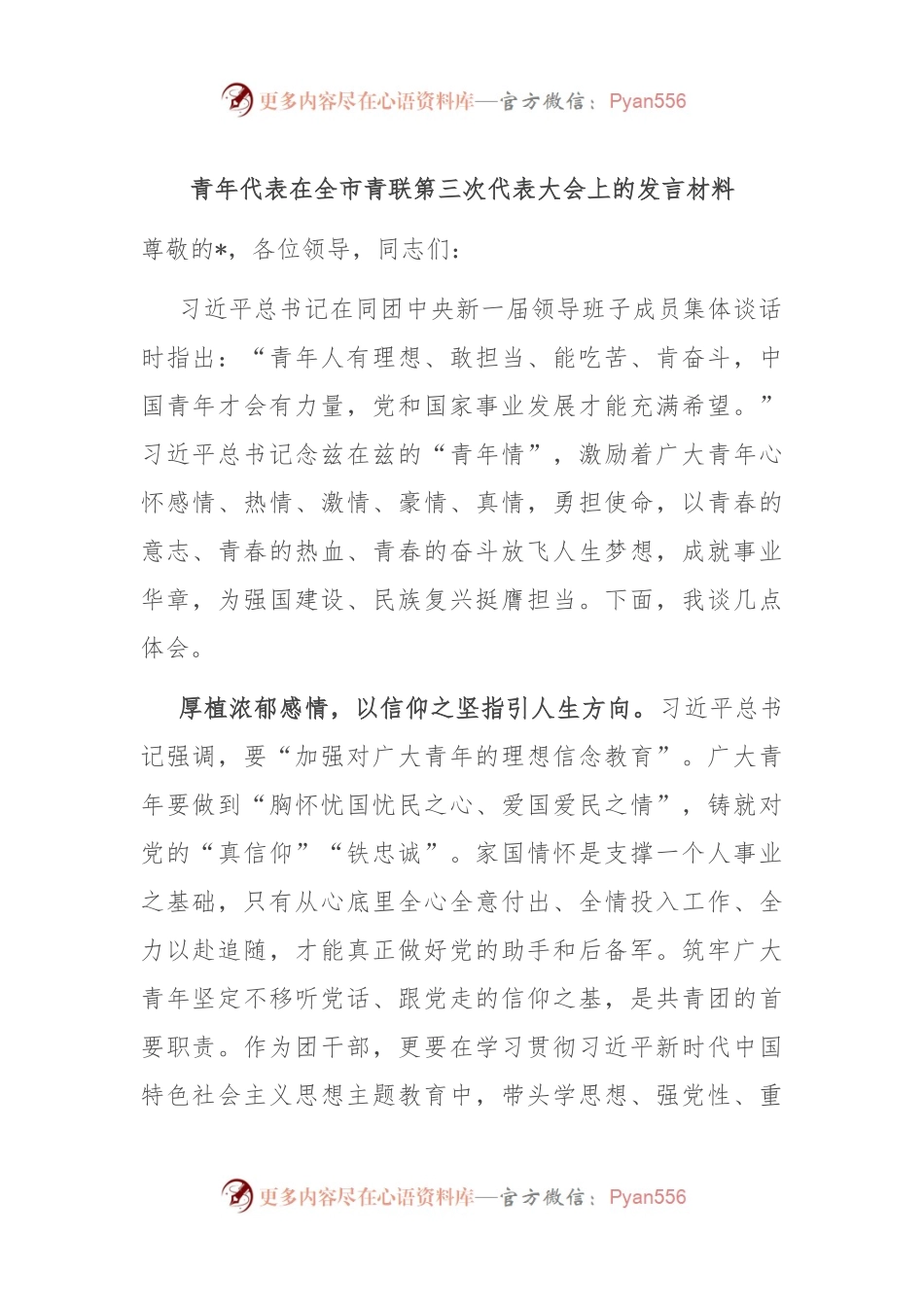 青年代表在全市青联第三次代表大会上的发言材料.docx_第1页